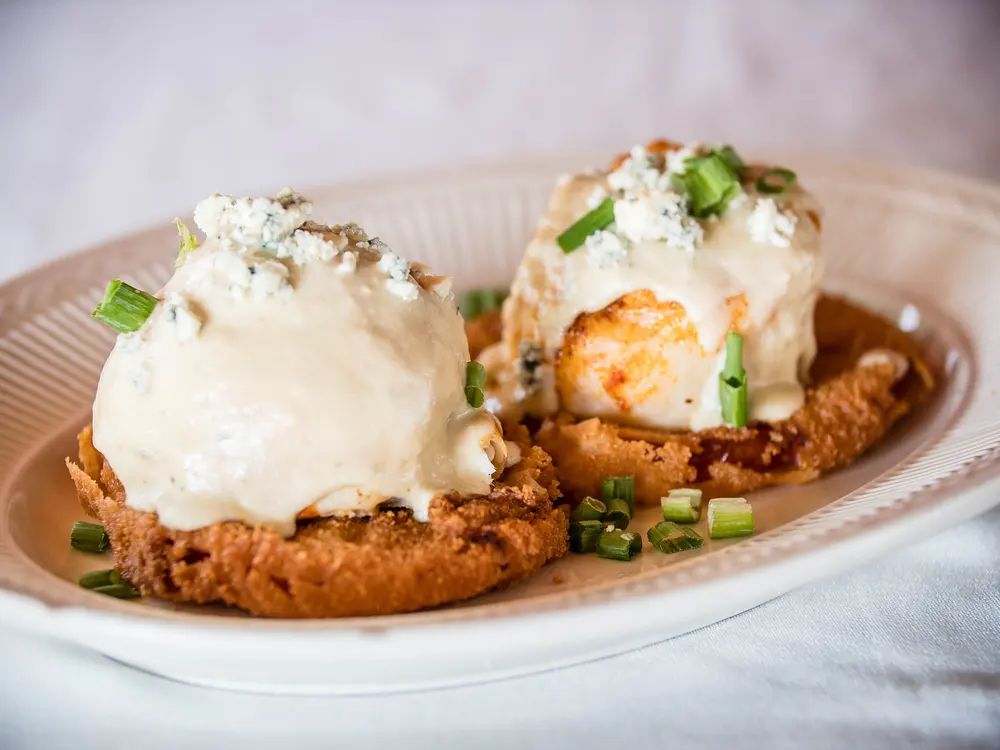 Fried shrimp with bleu cheese and green onion